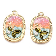 Rack Plating Alloy Enamel Pendants, with ABS Imitation Pearl & Resin, Cadmium Free & Nickel Free & Lead Free, Light Gold, Oval with Flower Charm, Pink, 26.5x17.5x5mm, Hole: 1.8mm(ENAM-N056-374KCG-02)