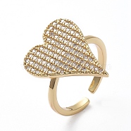 Adjustable Brass Cuff Finger Rings, with Micro Pave Cubic Zirconia, Heart, Clear, Golden, US Size 6(16.5mm)(RJEW-G096-02G)