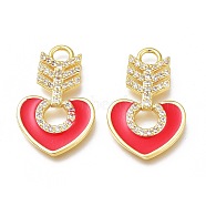Brass Micro Pave Cubic Zirconia Pendants, with Enamel, Long-Lasting Plated, Heart, Golden, Red, 22x14x2.5mm, Hole: 2.5mm(ZIRC-H102-04B-G)