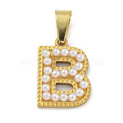 Ion Plating(IP) 304 Stainless Steel Pendants, with ABS Imitation Pearl, Letter B, 17x12.5x3.3mm, Hole: 6x3mm(STAS-U024-01B)