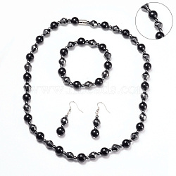 Necklaces & Stretch Bracelets & Dangle Earrings Jewelry Sets, with Stainless Steel Findings, Magnetic Synthetic Hematite and Natural Black Agate Beads, Platinum, 20.6 inch(52.5cm), 49.5mm, Pin: 0.6mm, 1-7/8 inch(4.9cm)(SJEW-I198-01P)