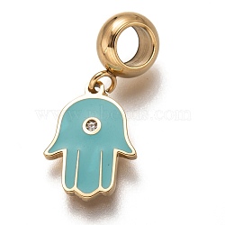 304 Stainless Steel European Dangle Charms, Large Hole Pendants, with Crystal Rhinestone and Enamel, Hamsa Hand/Hand of Miriam, Golden, Turquoise, 24mm, Hole: 4.5mm, Pendant: 15x11x1.5mm(STAS-I177-24B)