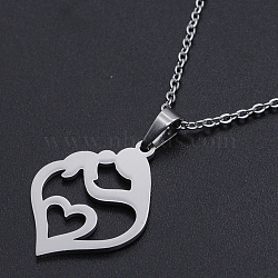 Mother's Day Gifts, 201 Stainless Steel Pendants Necklaces, with Cable Chains and Lobster Claw Clasps, Mother & Son, Stainless Steel Color, 17.71 inch(45cm), 1.5mm(NJEW-S105-JN697-45-1)
