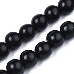 Spray Painted Natural Wood Beads Strands, Round, Black, 15~16x14~15mm, Hole: 3.5~4.5mm, about 25pcs/strand, 14.33 inch~14.53 inch(36.4cm~36.9cm)(WOOD-S053-57A)
