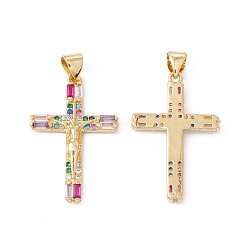 Rack Plating Brass Micro Pave Cubic Zirconia Pendants,  Cadmium Free & Nickel Free & Lead Free, Real 18K Gold Plated, Crucifix Cross, Colorful, 28x18x2mm, Hole: 5x3.5mm(ZIRC-C040-46G-01)