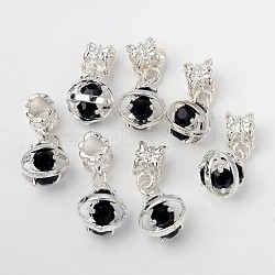 Alloy European Dangle Pendants, with Brass Rhinestone, Silver Color Plated, Oval, Jet, 25.5mm, Hole: 4.5mm(PALLOY-O077-03A)