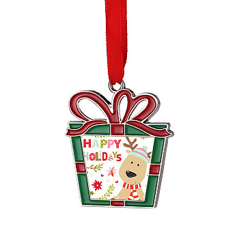 Christmas Themed Sublimation Blank Alloy Pendant Decorations, Alloy Blank Photo Picture Pendant, with Polyester Ribbon, Box, 52x46.5x2.2mm, Hole: 3.3mm, Tray: 25x30mm