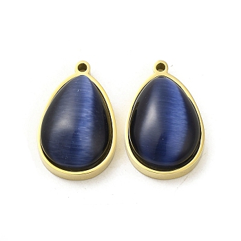 304 Stainless Steel Pendants, with Cat Eye, Real 14K Gold Plated, Teardrop, Royal Blue, 22x14x7.4mm, Hole: 1.4mm
