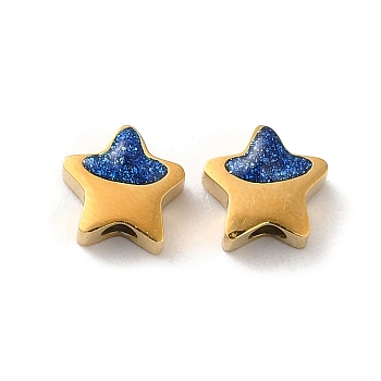 Ion Plating(IP) 304 Stainless Steel Enamel Beads, with Glitter, Star, Real 18K Gold Plated, 7x7.5x3.5mm, Hole: 2mm
