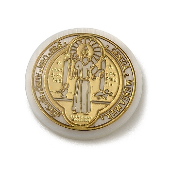 Religion Natural White Shell Cabochons, with Gold Foil, Flat Round with Saint Benedict, Gold, 20x2.5mm