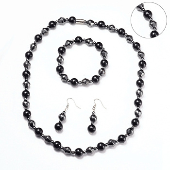 Necklaces & Stretch Bracelets & Dangle Earrings Jewelry Sets, with Stainless Steel Findings, Magnetic Synthetic Hematite and Natural Black Agate Beads, Platinum, 20.6 inch(52.5cm), 49.5mm, Pin: 0.6mm, 1-7/8 inch(4.9cm)
