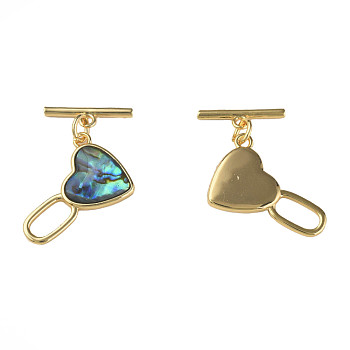 Brass Toggle Clasps, with Synthetic Abalone Shell/Paua Shell, Nickel Free, Heart, Real 18K Gold Plated, 24mm, Hole: 1.2mm, Heart: 15x20x4mm