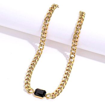 Cubic Zirconia Rectangle Pendant Necklace, with Golden Stainless Steel Cuban Link Chains, Black, 18.90 inch(48cm)