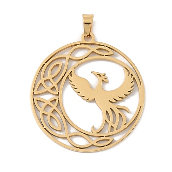 304 Stainless Steel Pendants, Laser Cut, Moon with Bird & Knot Charm, Golden, 34.5x32x1mm, Hole: 3x5mm