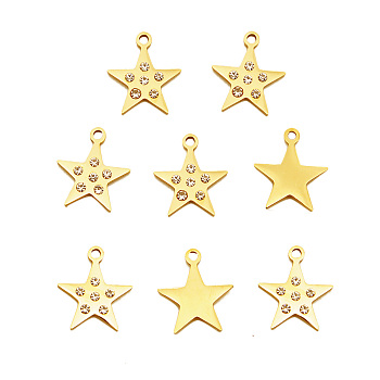 201 Stainless Steel Charms, with Crystal Rhinestone, Star, Golden, 15x13x2mm, Hole: 1.5mm