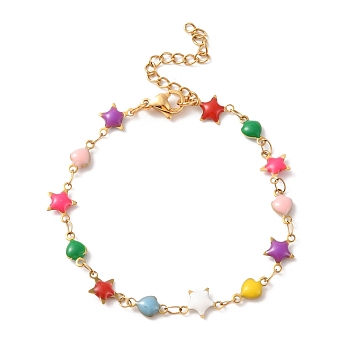 Enamel Star & Heart Link Chain Bracelet, Vacuum Plating 304 Stainless Steel Jewelry for Women, Colorful, 7-1/8 inch(18cm)