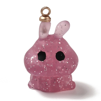 Halloween Theme Translucent Resin Pendants, with Light Gold Tone Alloy Findings, Rabbit with Glitter, Pale Violet Red, 20.5x13.5x12.5mm, Hole: 1.5mm