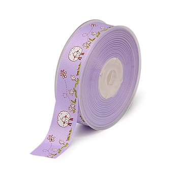 Sheeps and Flowers Single Face Printed Polyester Grosgrain Ribbons, Lilac, 1 inch(25mm), about 100yards/roll(91.44m/roll)