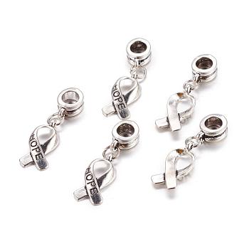 Alloy European Dangle Charms, Breast Cancer Awareness Ribbon, Antique Silver, 30mm, Hole: 5mm