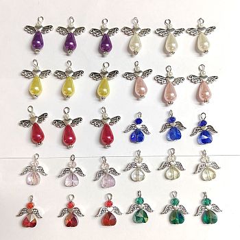 30Pcs 2 Style Imitation Pearl Acrylic & Electroplate Glass Pendants, with Wing Alloy Beads, Angel, Mixed Color, 22~33x20~23.5x6~10mm, Hole: 2~3mm, 15pcs/style