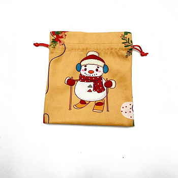 Christmas Printed Cloth Drawstring Bags, Rectangle Gift Storage Pouches, Christmas Party Supplies, Gold, 18x16cm