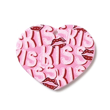 Valentine's Day Printed Transparent Acrylic Pendants, Heart with Kiss, Pink, 31.5x37.5x2.5mm, Hole: 2mm