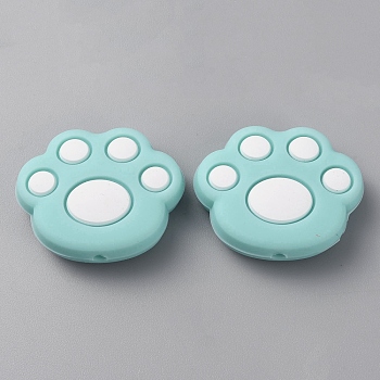 Paw Print Food Grade Eco-Friendly Silicone Focal Beads, Medium Turquoise, 23.5x28.5x9mm, Hole: 3mm