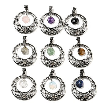 Natural & Synthetic Mixed Gemstone Faceted Octagon Pendants, Antique Silver Tone Rack Plating Alloy Hollow Flat Round Charms, Lead Free & Cadmium Free, 44x40x5mm, Hole: 4.5x6mm