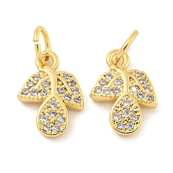 Rack Plating Brass Micro Pave Clear Cubic Zirconia Pendants, Long-Lasting Plated, with Jump Rings, Lead Free & Cadmium Free, Leaf, Real 18K Gold Plated, 11.5x8x2mm, Hole: 3mm