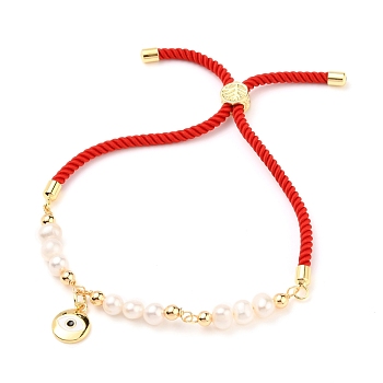 Adjustable Nylon Cord Slider Bracelets, Bolo Bracelets, with Natural Pearl Beads, Brass Beads and Brass Enamel Charms, Flat Round, Red, Cross Pattern, Inner Diameter: about 2-1/4~3-1/2 inch(5.7~9cm)