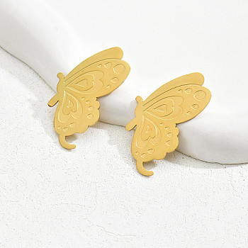 304 Stainless Steel Stud Earrings, Butterfly, Real 18K Gold Plated, 50x33mm