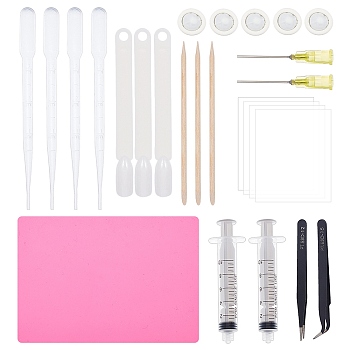 Olycraft Tools Sets, Including Silicone Mats, PVC Sealing Protective Films, Plastic Needle Dispense Tips & Nail Salon Products & Dropper, Latex Finger Cots, Stainless Steel Tweezers, Wood Rod, Syringe, 14.8x10.5x0.1cm