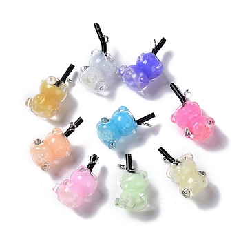 Luminous Translucent Resin Pendants, with Platinum Tone Iron Loops, ABS Imitation Pearl, Glow in the Dark Bear Cup Charm, Mixed Color, 21x13.5x11mm, Hole: 1.8mm