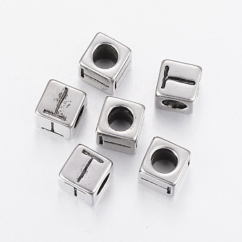 304 Stainless Steel Large Hole Letter European Beads, Cube with Letter.T, Antique Silver, 8x8x8mm, Hole: 5mm