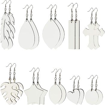 Wood Dangle Earrings, with Brass Earring Hooks and Ice Pick Pinch Bails, Mixed Shapes, Platinum, 10sets/bag