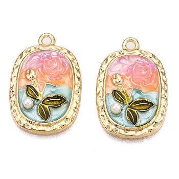 Rack Plating Alloy Enamel Pendants, with ABS Imitation Pearl & Resin, Cadmium Free & Nickel Free & Lead Free, Light Gold, Oval with Flower Charm, Pink, 26.5x17.5x5mm, Hole: 1.8mm