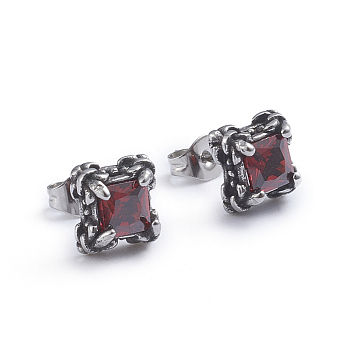 Retro 304 Stainless Steel Stud Earrings, with Cubic Zirconia and Ear Nuts, Square, Red, Antique Silver, 8.5x8.5mm, Pin: 0.6mm