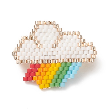 Glass Seed Braided Cloud with Rainbow Brooch Pin, Cute Badge for Backpack Clothes, Colorful, 22.5x27.5x7mm, Pin: 0.7mm