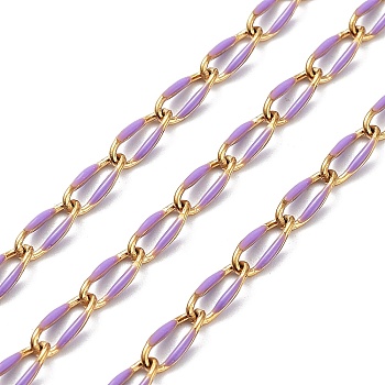 304 Stainless Steel Handmade Beaded Chain, with Enamel, with Spool, Soldered, Real 18K Gold Plated, Oval, Plum, 9x4x1mm, about 16.40 Feet(5m)/Roll