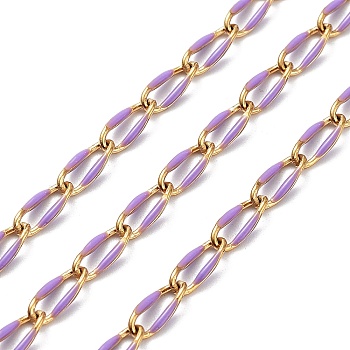 Ion Plating(IP) 304 Stainless Steel Handmade Beaded Chain, with Enamel, with Spool, Soldered, Real 18K Gold Plated, Oval, Plum, 9x4x1mm, about 16.40 Feet(5m)/Roll