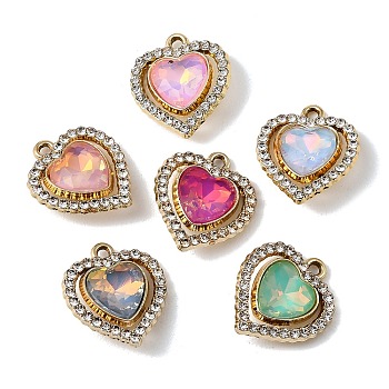 UV Plating Alloy Glass Pendants, Heart Charm, with Rhinestone, Faceted, Mixed Color, Golden, 21x18.5x5.7mm, Hole: 1.8mm