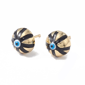 Enamel Half Round with Evil Eye Stud Earrings, Real 18K Gold Plated Brass Jewelry for Women, Black, 6x10x6mm, Pin: 1mm