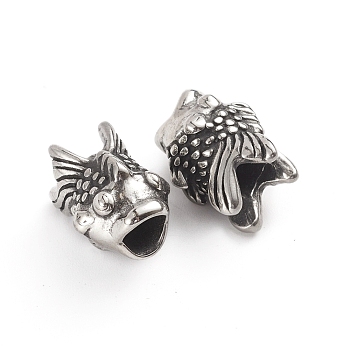 304 Stainless Steel European Beads, Large Hole Beads, Goldfish, Antique Silver, 11.5x14.5x11mm, Hole: 5mm