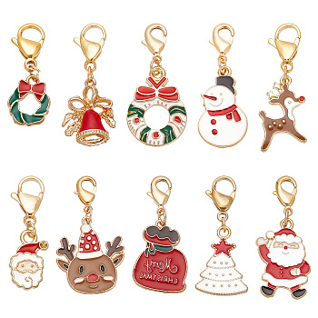 10Pcs 10 Style Christmas Theme Alloy Enamel Pendants, with 304 Stainless Steel Lobster Claw Clasps, Christmas Reindeer/Stag/Deer, Mixed Color, 25~39mm, 1pc/style
