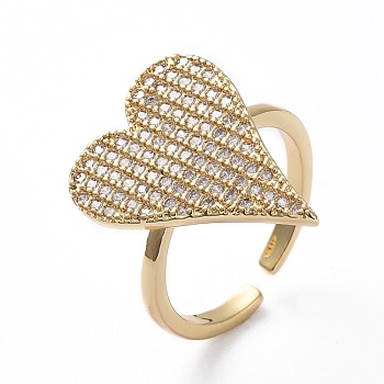 Adjustable Brass Cuff Finger Rings, with Micro Pave Cubic Zirconia, Heart, Clear, Golden, US Size 6(16.5mm)