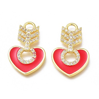Brass Micro Pave Cubic Zirconia Pendants, with Enamel, Long-Lasting Plated, Heart, Golden, Red, 22x14x2.5mm, Hole: 2.5mm