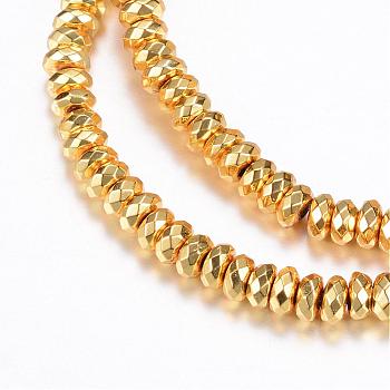 Electroplate Non-magnetic Synthetic Hematite Bead Strands, Rondelle, Faceted, Golden Plated, 7.5~8x4mm, Hole: 1~1.5mm, about 101pcs/strand, 15.7 inch