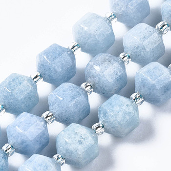 Natural White Jade Beads Strands, Imitation Aquamarine, with Seed Beads, Faceted, Polygon, 10x9.5mm, Hole: 1.2mm, about 32~33pcs/strand, 14.76 inch~15.28 inch(37.5cm~38.8cm)