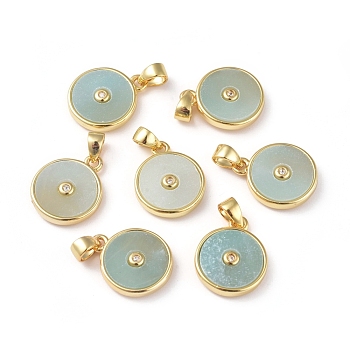 Natural Amazonite Charms, with Golden Brass Findings and Clear Cubic Zirconia, Long-Lasting Plated, Flat Round, 14x11.5x2.5mm, Hole: 4x3mm