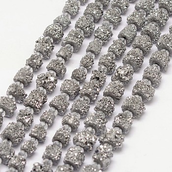 Electroplate Natural Druzy Crystal Bead Strands, Nuggets, Platinum Plated, 7~13x4~13mm, Hole: 0.8mm, about 45~46pcs/strand, 15.7 inch